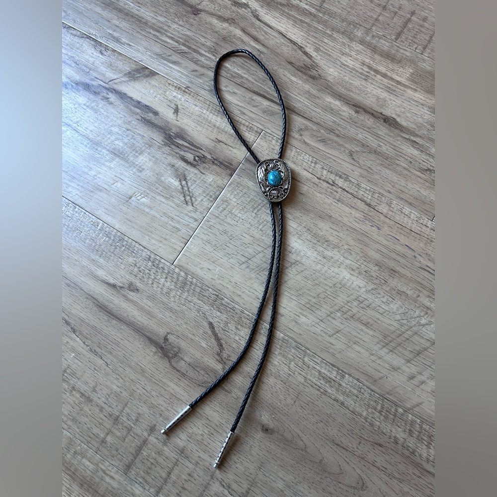 Western cowboy cowgirl country farm rodeo Black leather Bolo Tie Turquoise Stone
